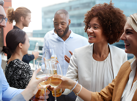 Guests networking at an outdoor patio corporate event